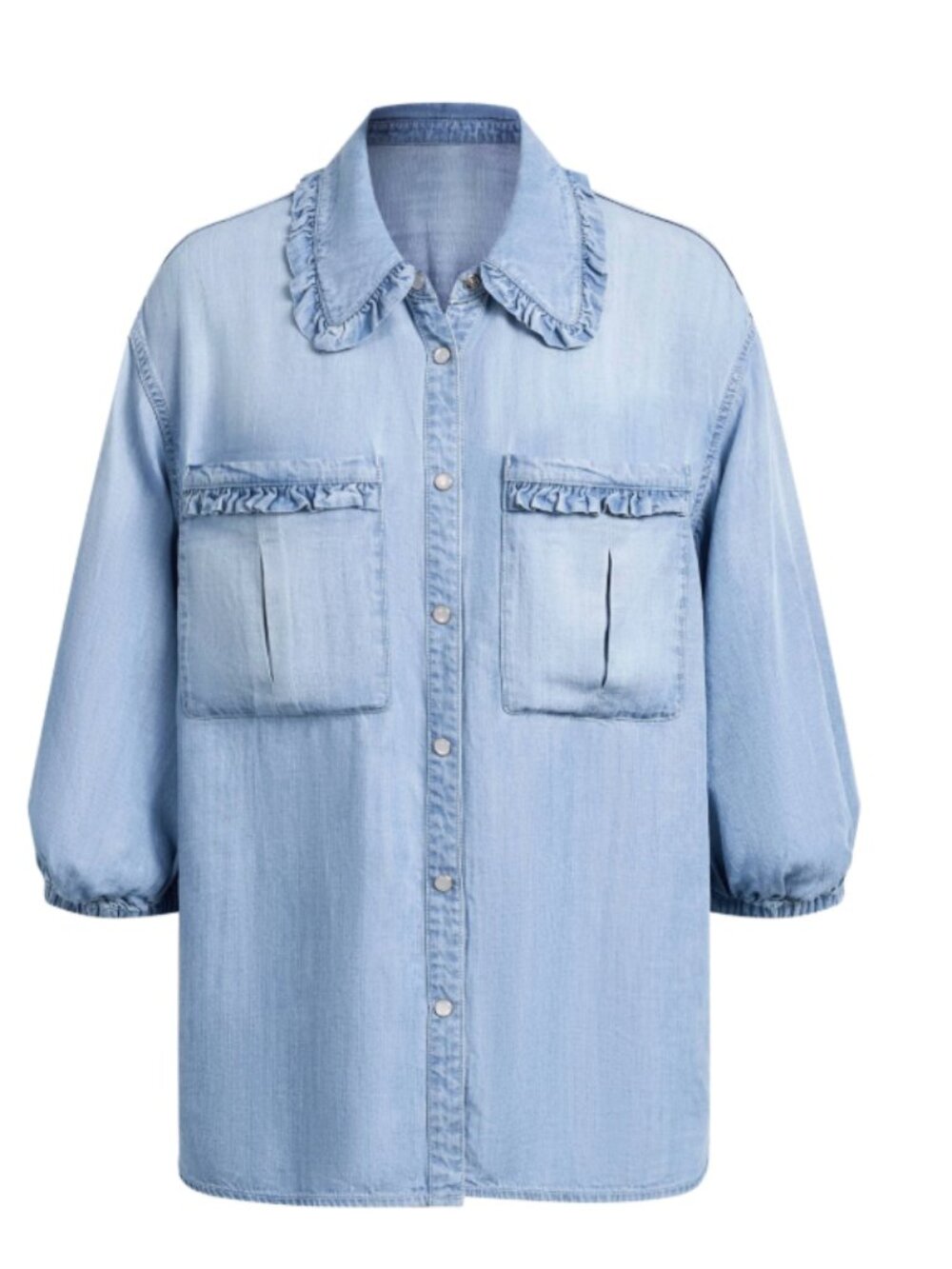 Fabrique Giuseppe Fanelli Judy Ruffle Puff Sleeve Shirt in Lyocel Denim XS  NWT!